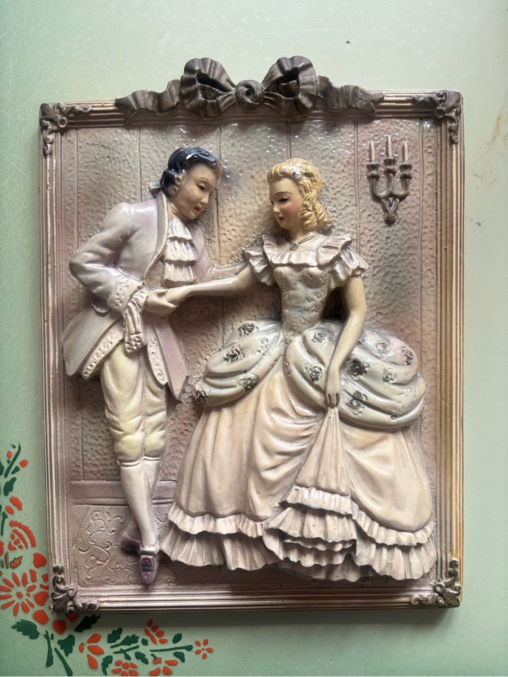 Vintage 3D Victorian Courting Couple Chalkware Wall Hanging